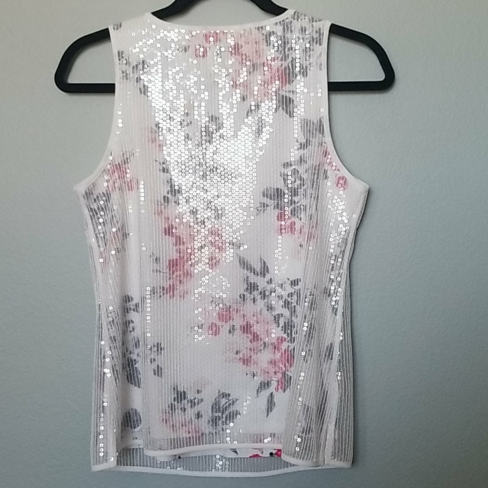WHBM Women's Workplace Siren Girly White Sequin Overlay Floral Tank PXS - Picture 8 of 9